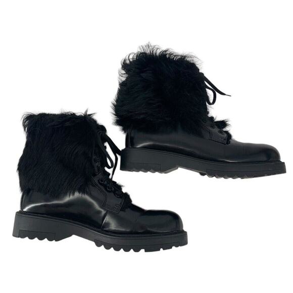 PRADA Shearling Lined Leather Ankle Boots Lace Up Size 38 Goth Combat Motorcycle - Picture 2 of 16